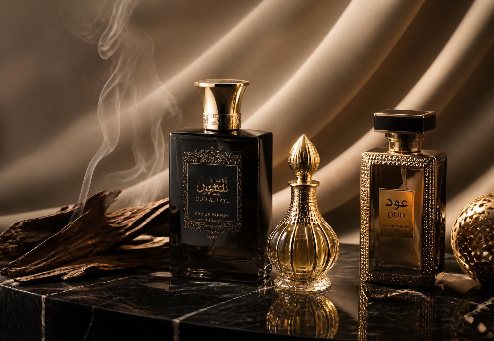Frascos de perfumes árabes sobre mármore escuro com madeira de oud
