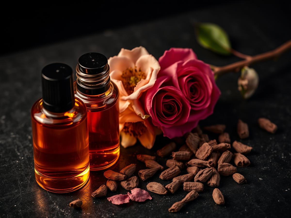 Frascos de óleos perfumados com rosas secas e lascas de oud